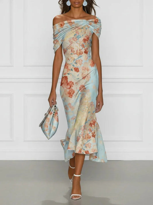 Women's Elegant Floral Maxi Wedding Guest Dress with Off Shoulder Neckline