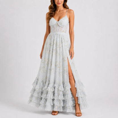 Women's Elegant Floral Maxi Wedding Guest Dress with Slit