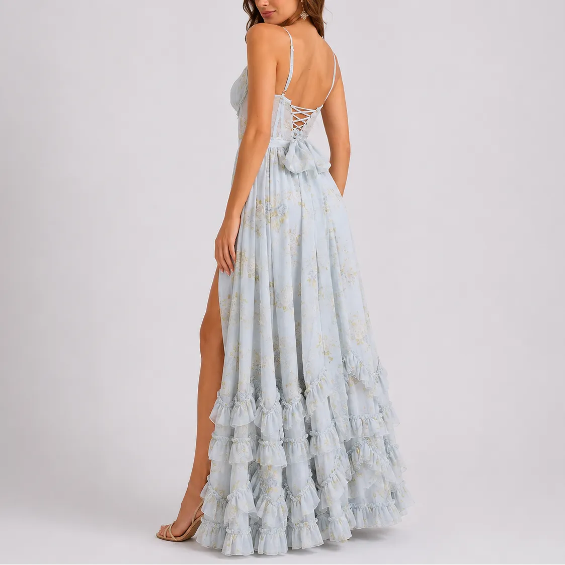Women's Elegant Floral Maxi Wedding Guest Dress with Slit