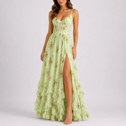 Women's Elegant Floral Maxi Wedding Guest Dress with Slit