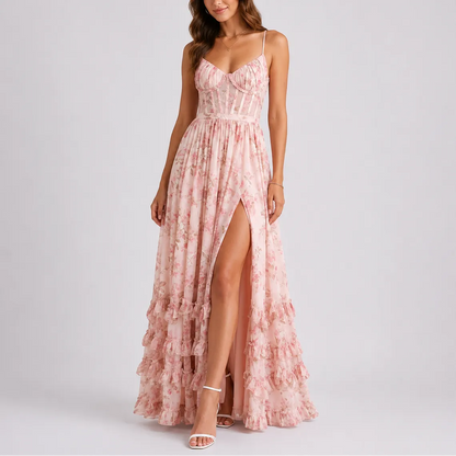 Women's Elegant Floral Maxi Wedding Guest Dress with Slit