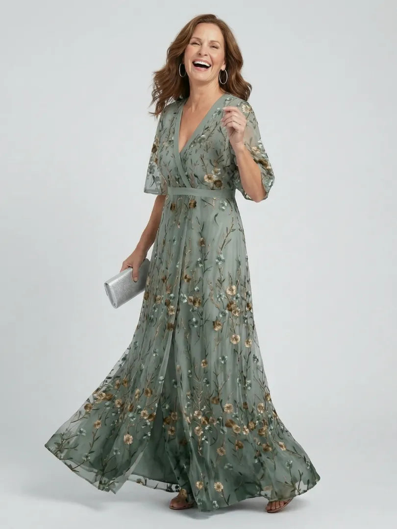 Women's Elegant Floral Maxi Wedding Guest Dress with V-Neck