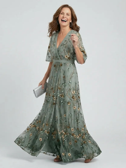 Women's Elegant Floral Maxi Wedding Guest Dress with V-Neck
