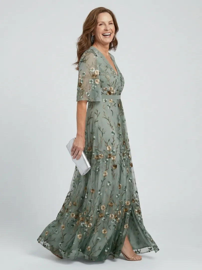 Women's Elegant Floral Maxi Wedding Guest Dress with V-Neck