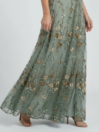 Women's Elegant Floral Maxi Wedding Guest Dress with V-Neck