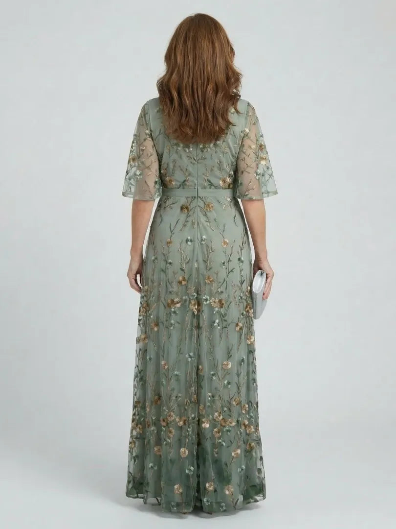 Women's Elegant Floral Maxi Wedding Guest Dress with V-Neck