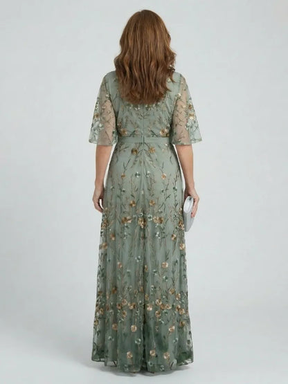Women's Elegant Floral Maxi Wedding Guest Dress with V-Neck