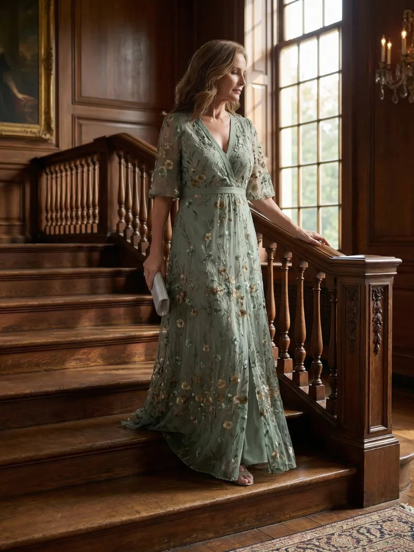 Women's Elegant Floral Maxi Wedding Guest Dress with V-Neck
