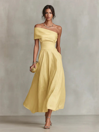 Women’s Elegant Flowy Maxi Wedding Guest Dress with Asymmetric Neckline