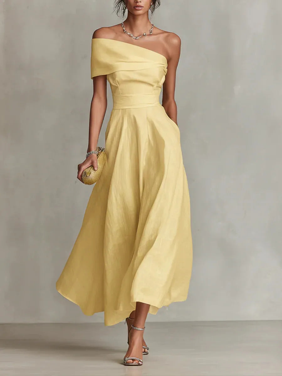 Women’s Elegant Flowy Maxi Wedding Guest Dress with Asymmetric Neckline