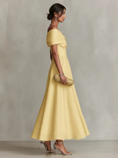 Women’s Elegant Flowy Maxi Wedding Guest Dress with Asymmetric Neckline