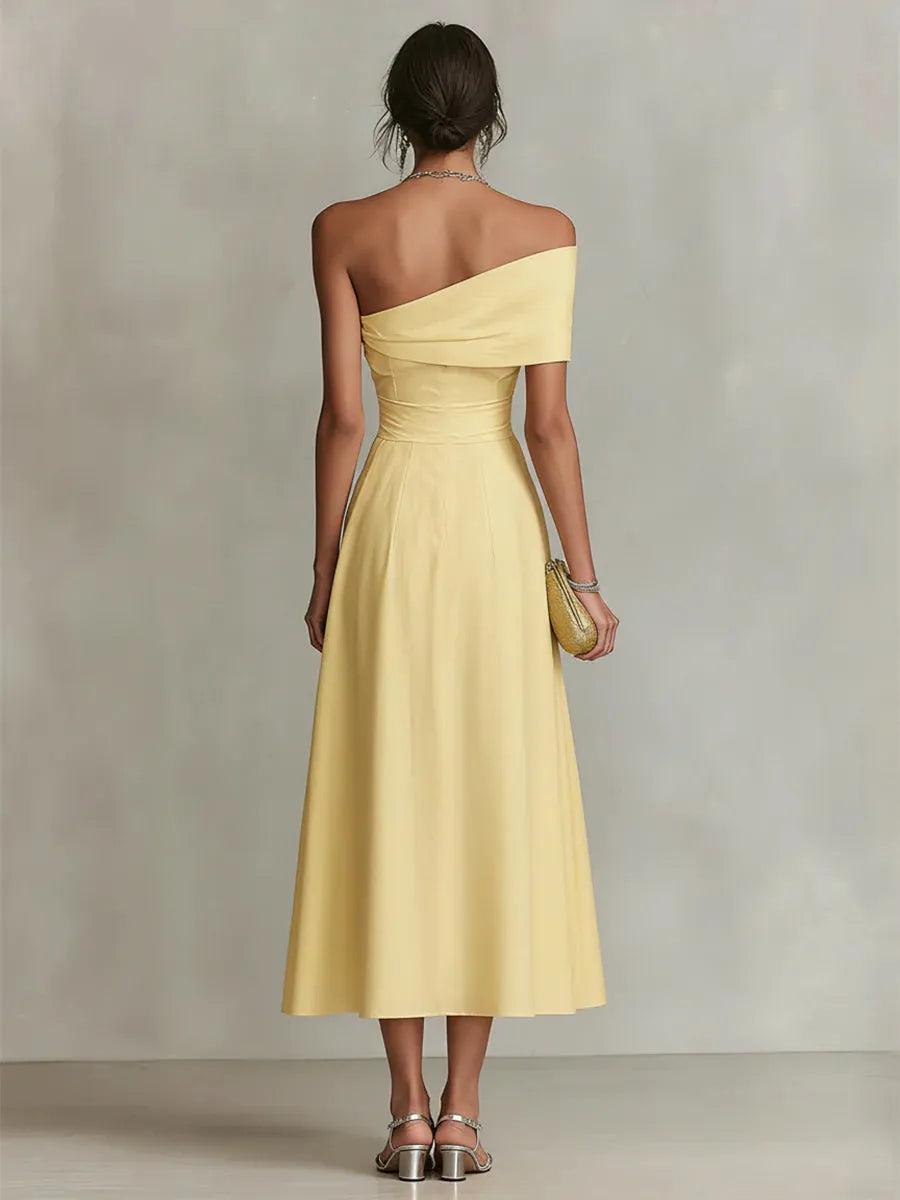 Women’s Elegant Flowy Maxi Wedding Guest Dress with Asymmetric Neckline