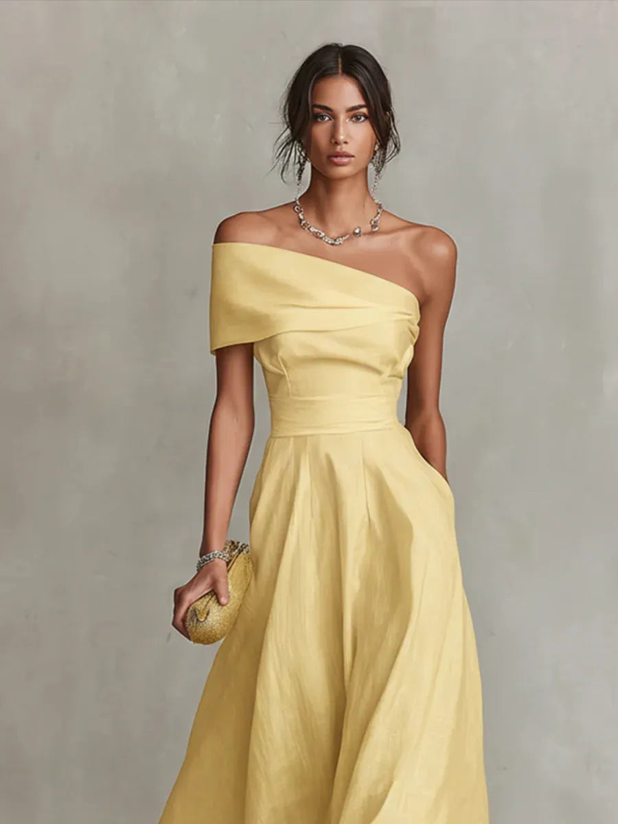 Women’s Elegant Flowy Maxi Wedding Guest Dress with Asymmetric Neckline