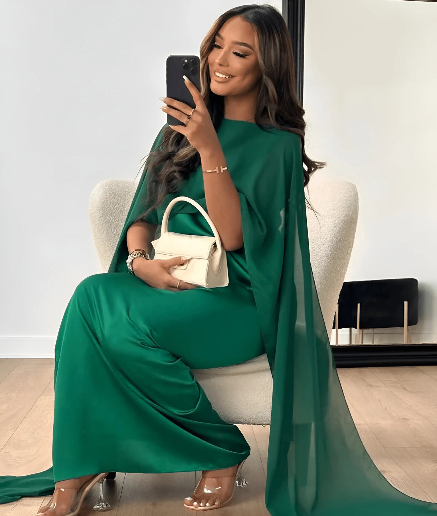 Women's Elegant Flowy Maxi Wedding Guest Dress with Draped Sleeve