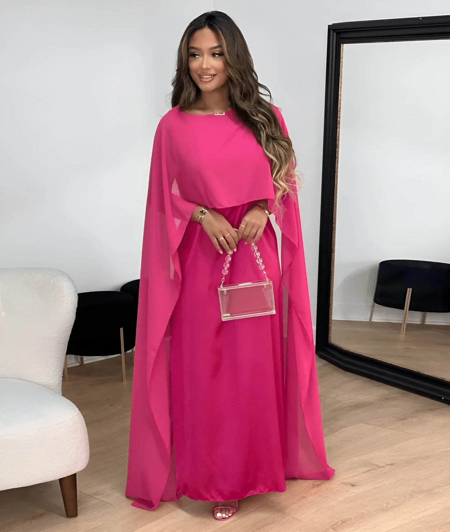 Women's Elegant Flowy Maxi Wedding Guest Dress with Draped Sleeve