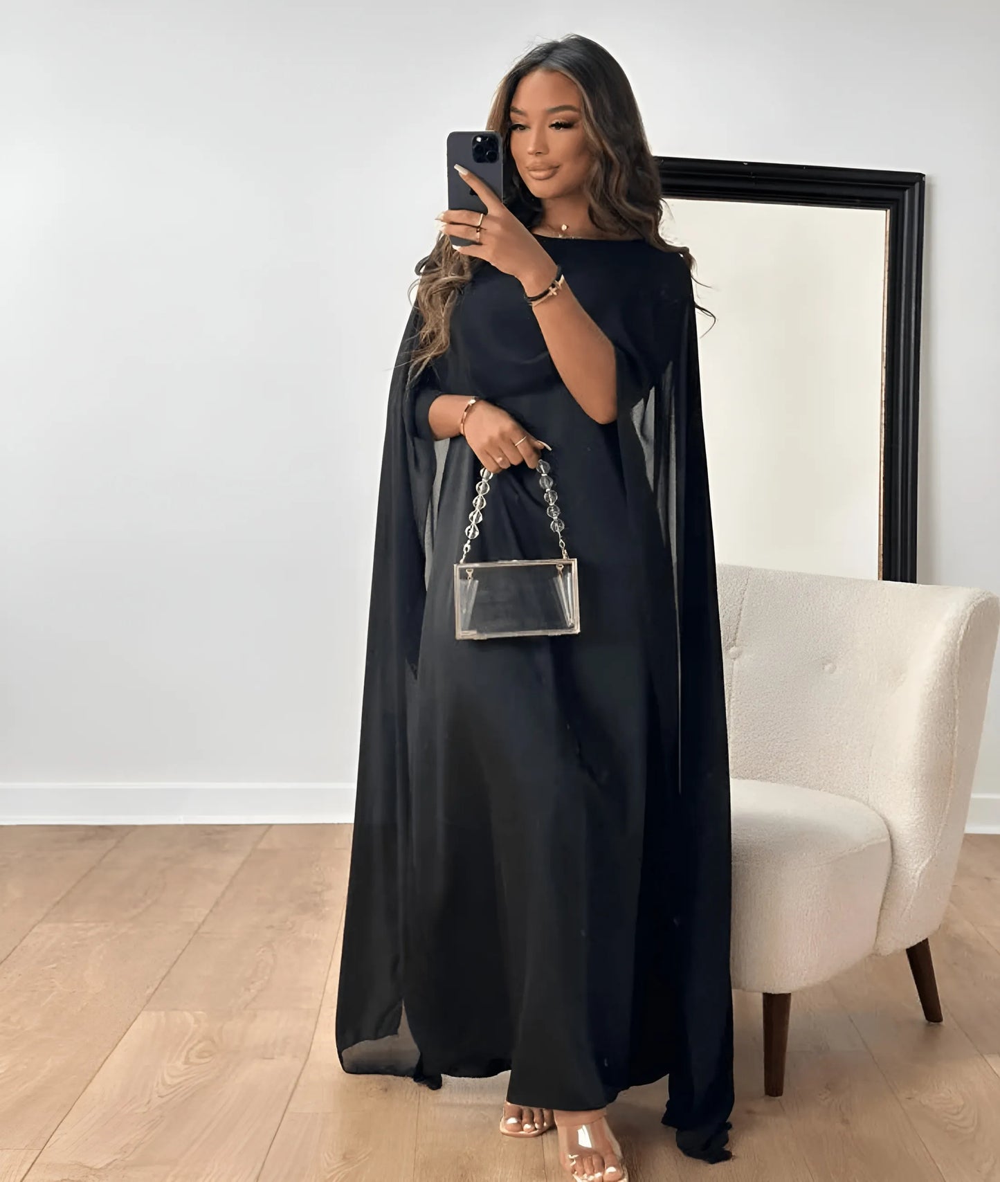 Women's Elegant Flowy Maxi Wedding Guest Dress with Draped Sleeve