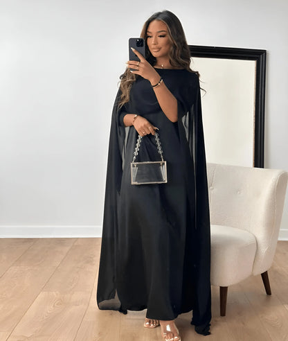 Women's Elegant Flowy Maxi Wedding Guest Dress with Draped Sleeve