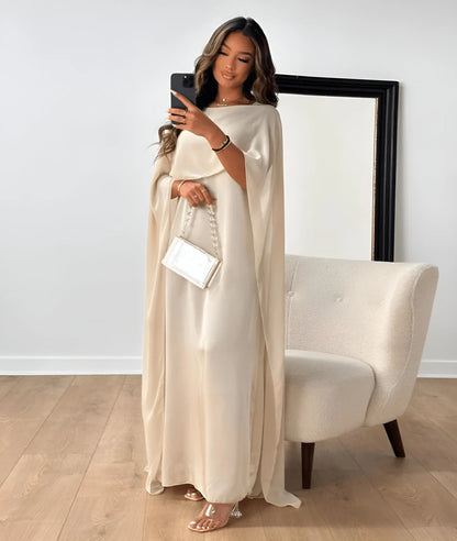 Women's Elegant Flowy Maxi Wedding Guest Dress with Draped Sleeve