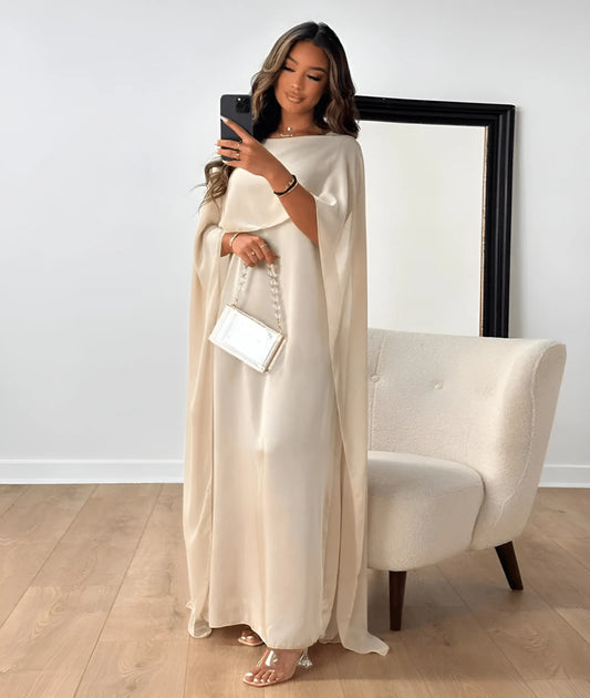 Women's Elegant Flowy Maxi Wedding Guest Dress with Draped Sleeve