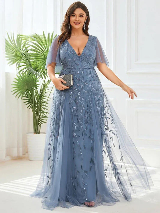 Women's Elegant Flowy Maxi Wedding Guest Dress with V-Neck