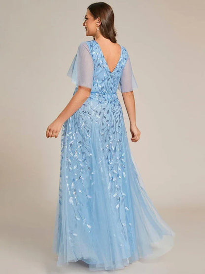 Women's Elegant Flowy Maxi Wedding Guest Dress with V-Neck