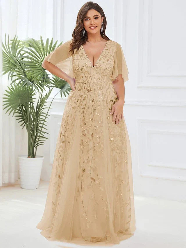 Women's Elegant Flowy Maxi Wedding Guest Dress with V-Neck