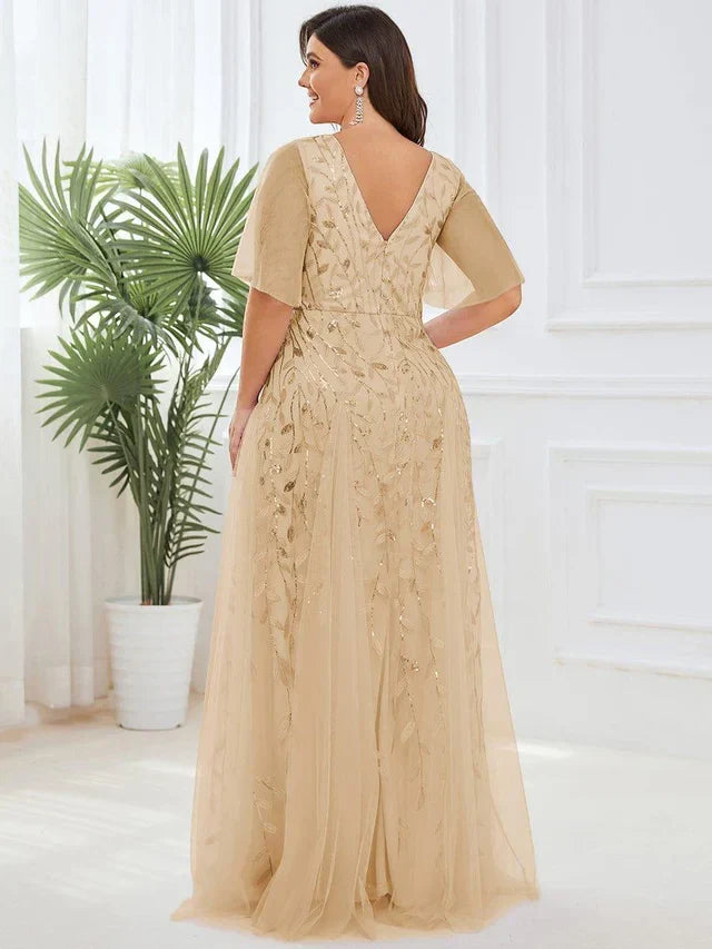 Women's Elegant Flowy Maxi Wedding Guest Dress with V-Neck