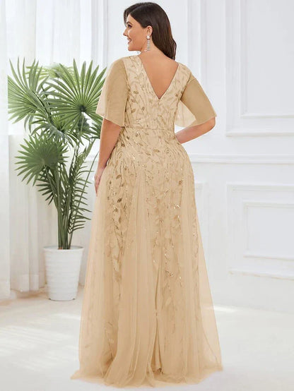 Women's Elegant Flowy Maxi Wedding Guest Dress with V-Neck