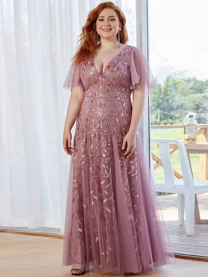 Women's Elegant Flowy Maxi Wedding Guest Dress with V-Neck