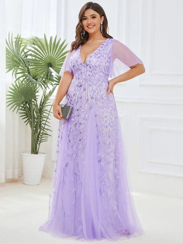 Women's Elegant Flowy Maxi Wedding Guest Dress with V-Neck