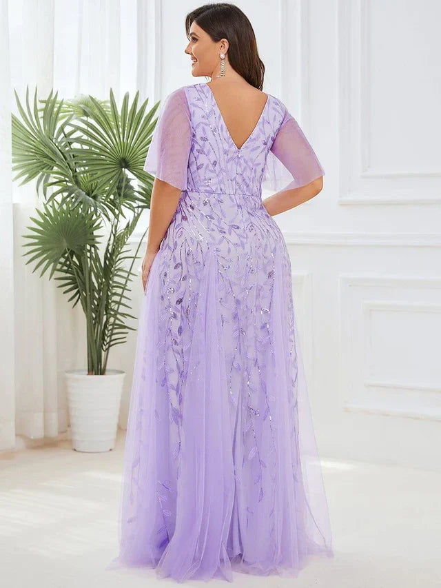 Women's Elegant Flowy Maxi Wedding Guest Dress with V-Neck