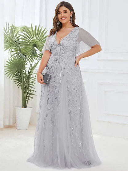 Women's Elegant Flowy Maxi Wedding Guest Dress with V-Neck
