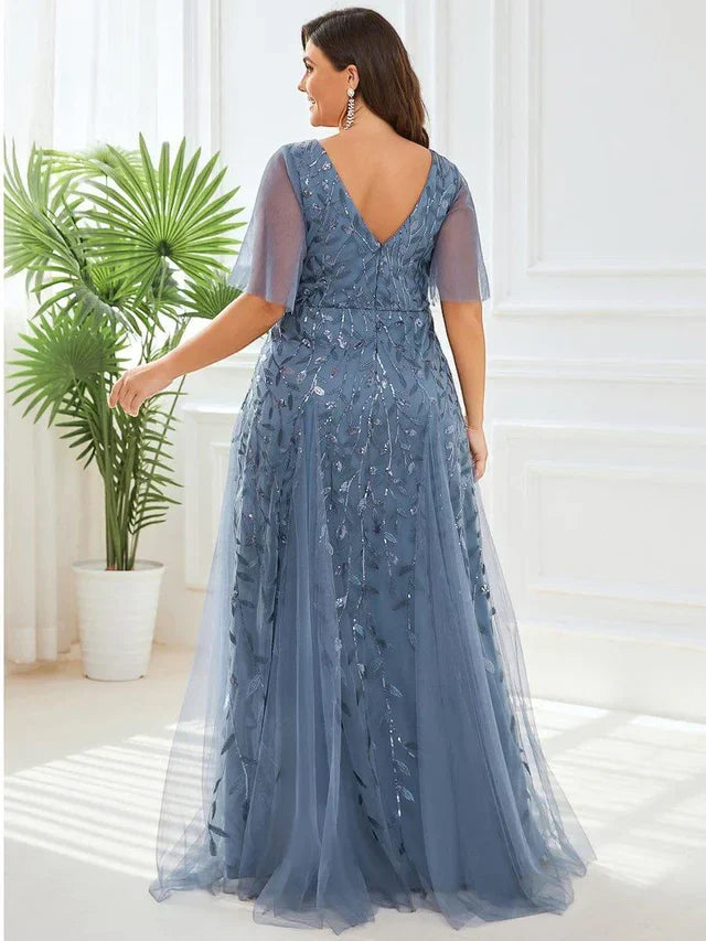 Women's Elegant Flowy Maxi Wedding Guest Dress with V-Neck