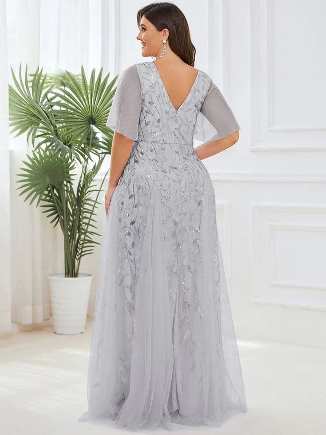 Women's Elegant Flowy Maxi Wedding Guest Dress with V-Neck