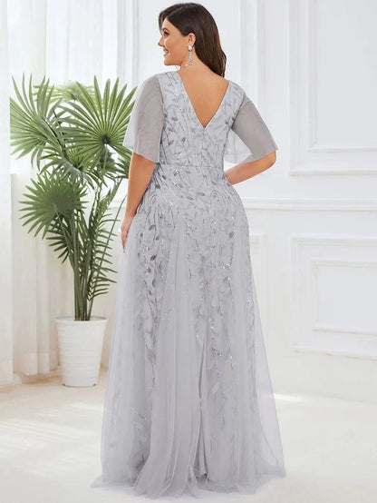 Women's Elegant Flowy Maxi Wedding Guest Dress with V-Neck