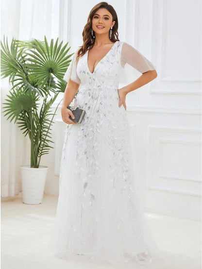 Women's Elegant Flowy Maxi Wedding Guest Dress with V-Neck