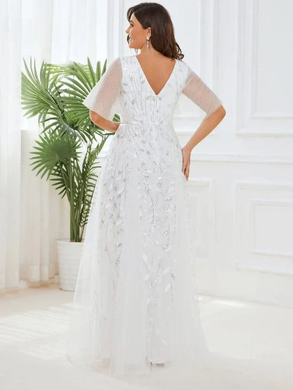 Women's Elegant Flowy Maxi Wedding Guest Dress with V-Neck