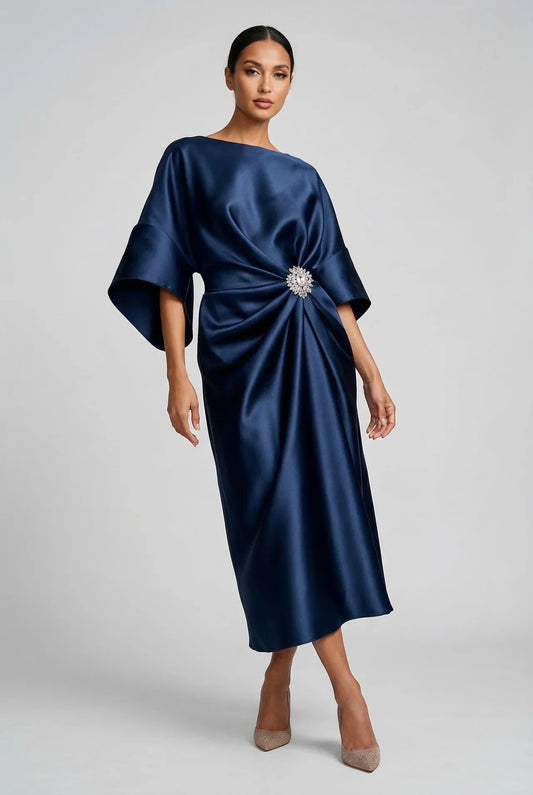 Women's Elegant Flowy Midi Wedding Guest Dress with Boat Neck