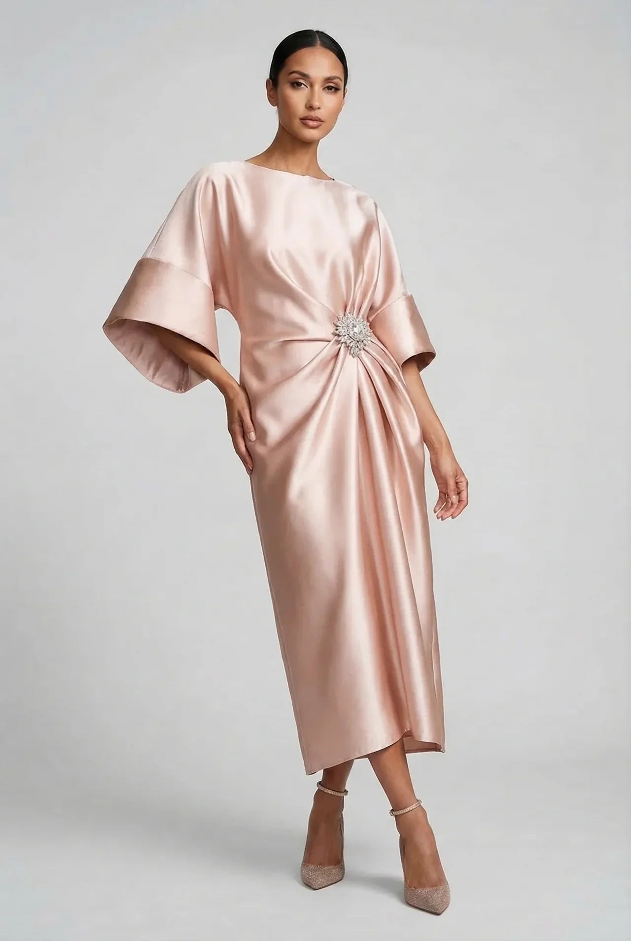 Women's Elegant Flowy Midi Wedding Guest Dress with Boat Neck