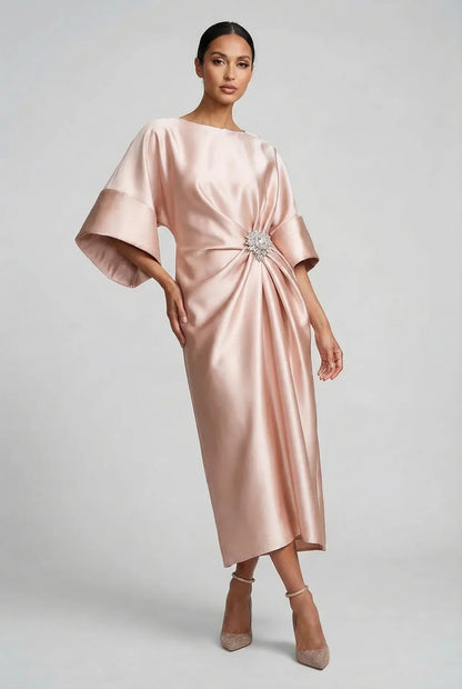 Women's Elegant Flowy Midi Wedding Guest Dress with Boat Neck
