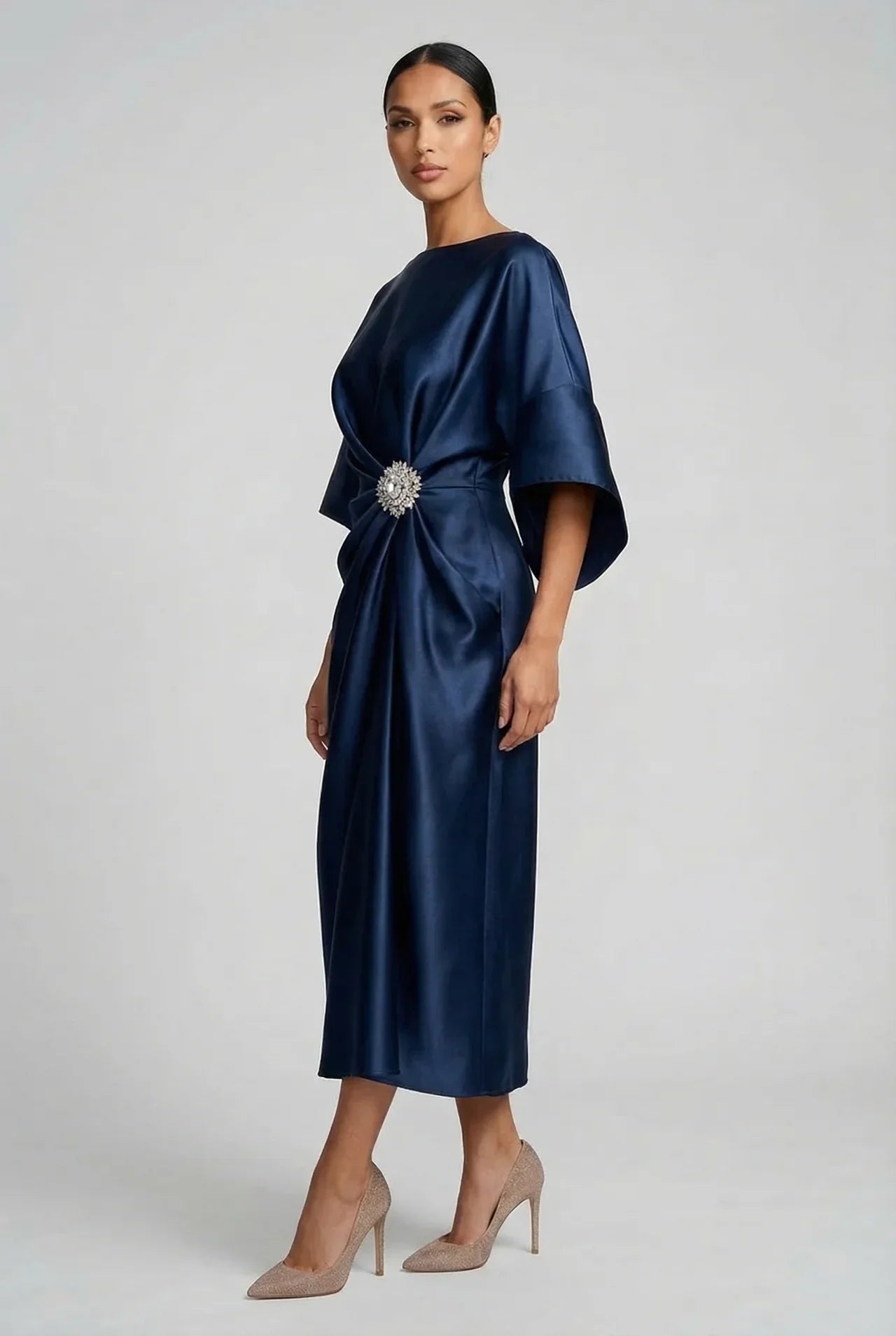 Women's Elegant Flowy Midi Wedding Guest Dress with Boat Neck