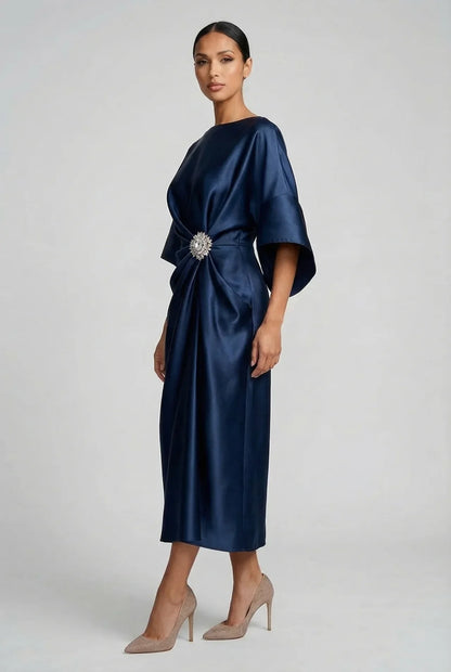 Women's Elegant Flowy Midi Wedding Guest Dress with Boat Neck