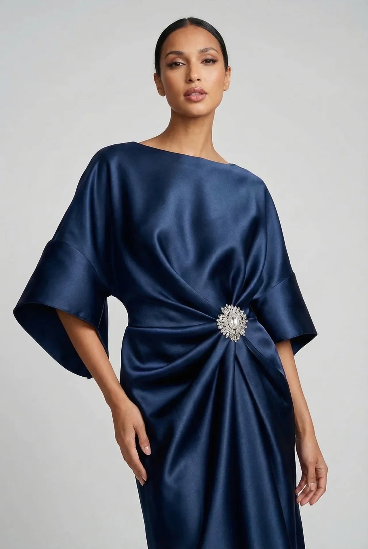 Women's Elegant Flowy Midi Wedding Guest Dress with Boat Neck