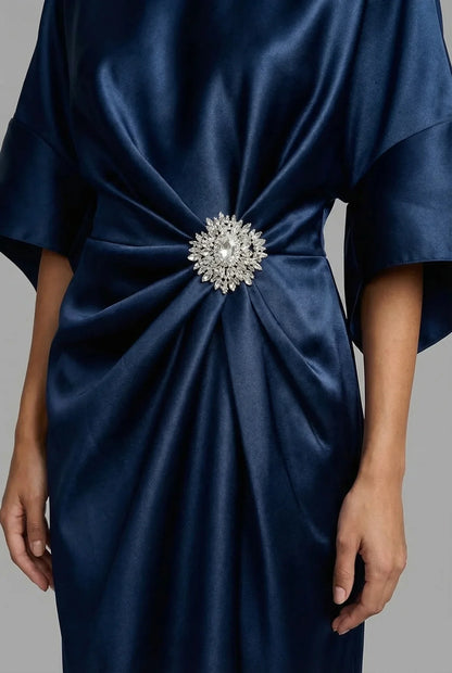 Women's Elegant Flowy Midi Wedding Guest Dress with Boat Neck