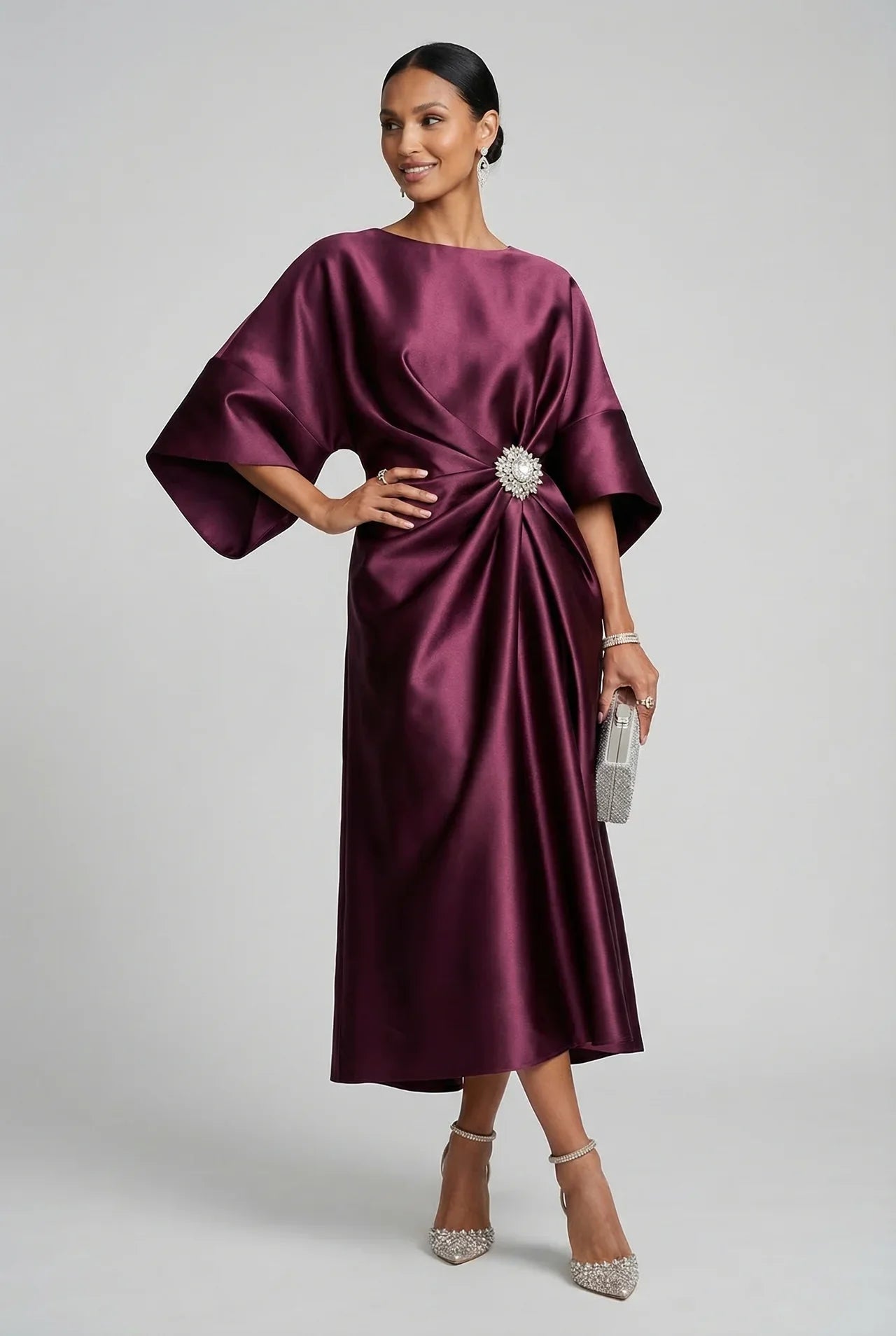 Women's Elegant Flowy Midi Wedding Guest Dress with Boat Neck