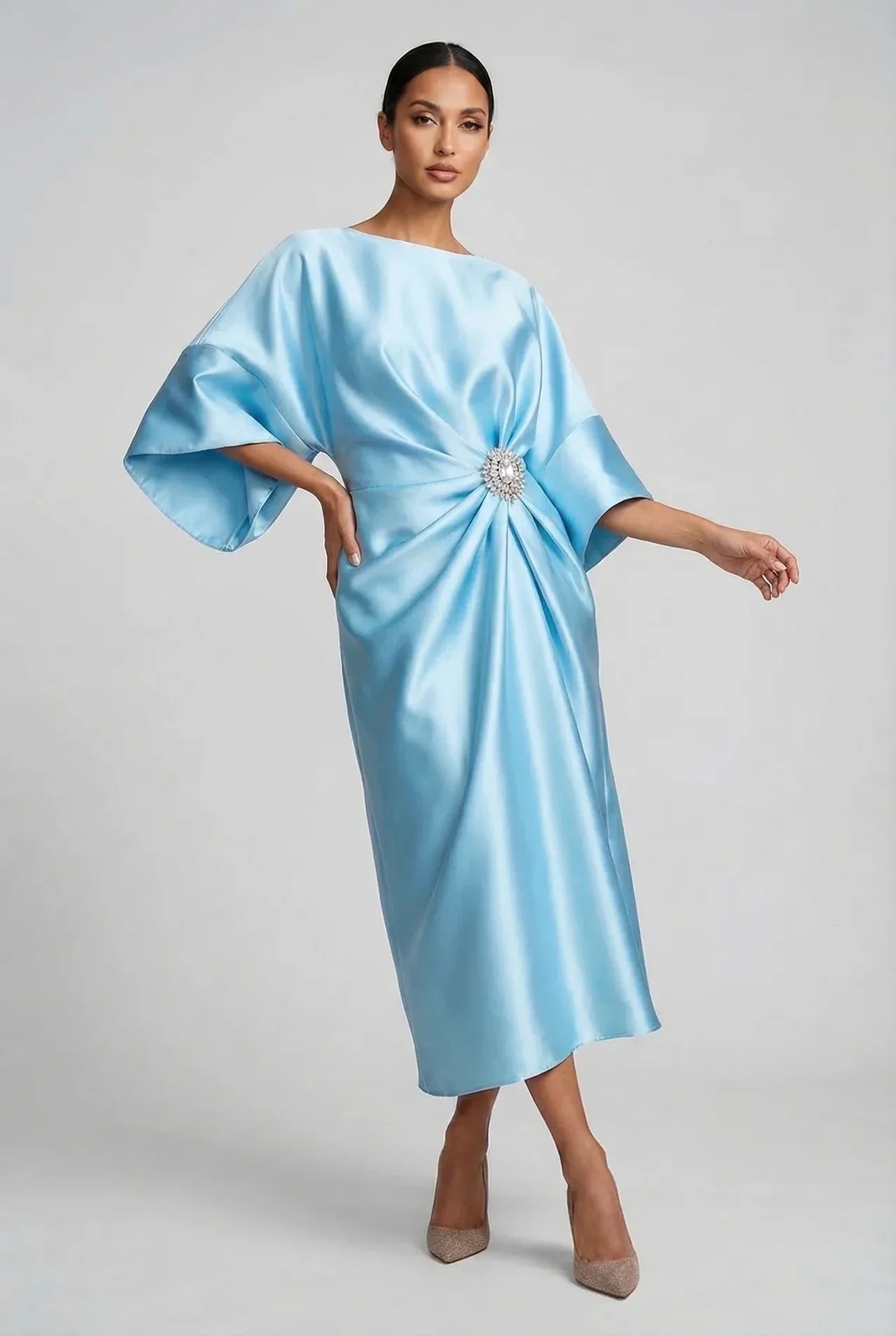 Women's Elegant Flowy Midi Wedding Guest Dress with Boat Neck