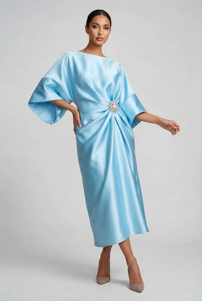 Women's Elegant Flowy Midi Wedding Guest Dress with Boat Neck