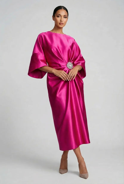 Women's Elegant Flowy Midi Wedding Guest Dress with Boat Neck