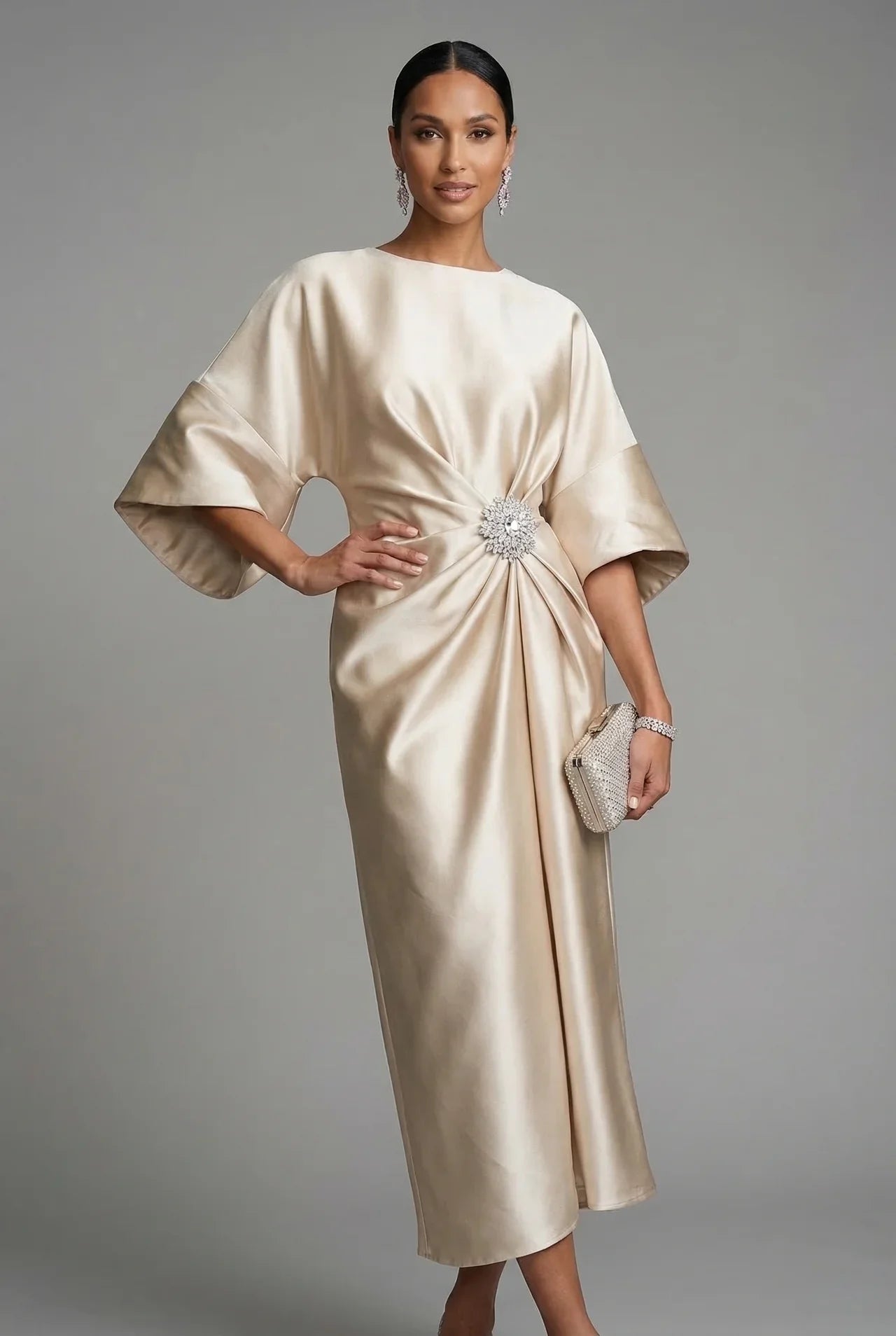 Women's Elegant Flowy Midi Wedding Guest Dress with Boat Neck