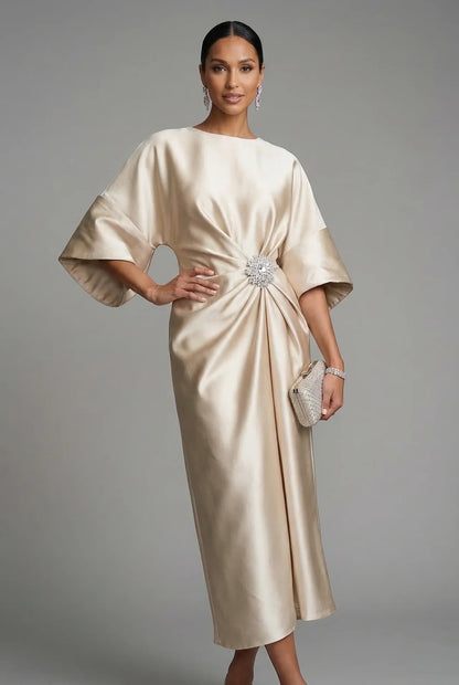 Women's Elegant Flowy Midi Wedding Guest Dress with Boat Neck